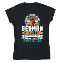 Product When I look at my German Shepherd, I do not see a dog. I see a friend, a family member, a protector Classic Womens Crewneck T-shirt